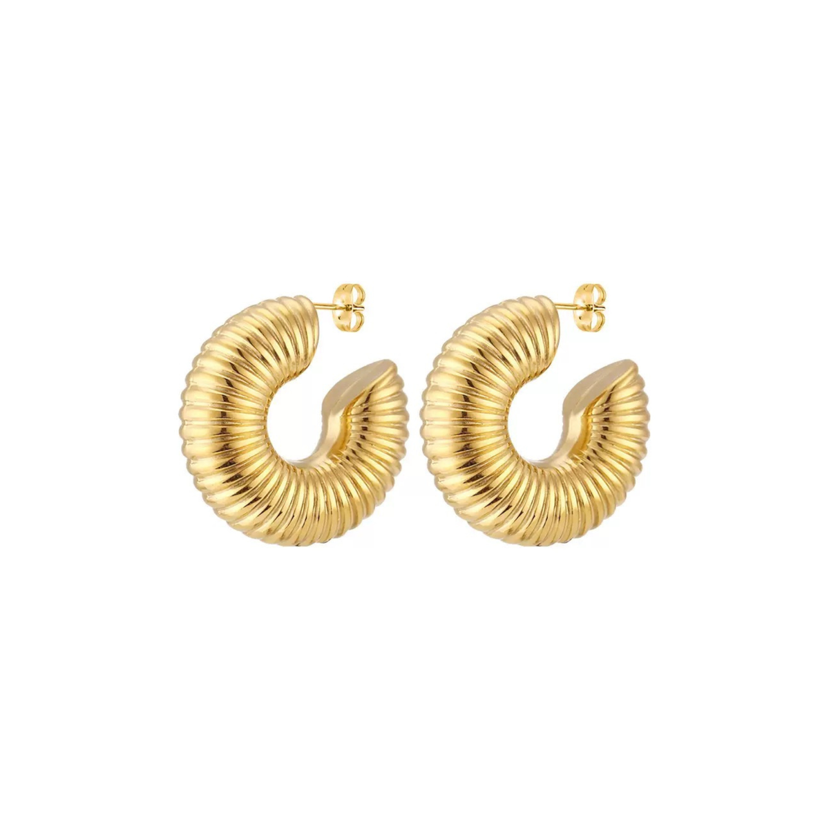 Gold metal, ribbed texture, stylish hoop earrings.