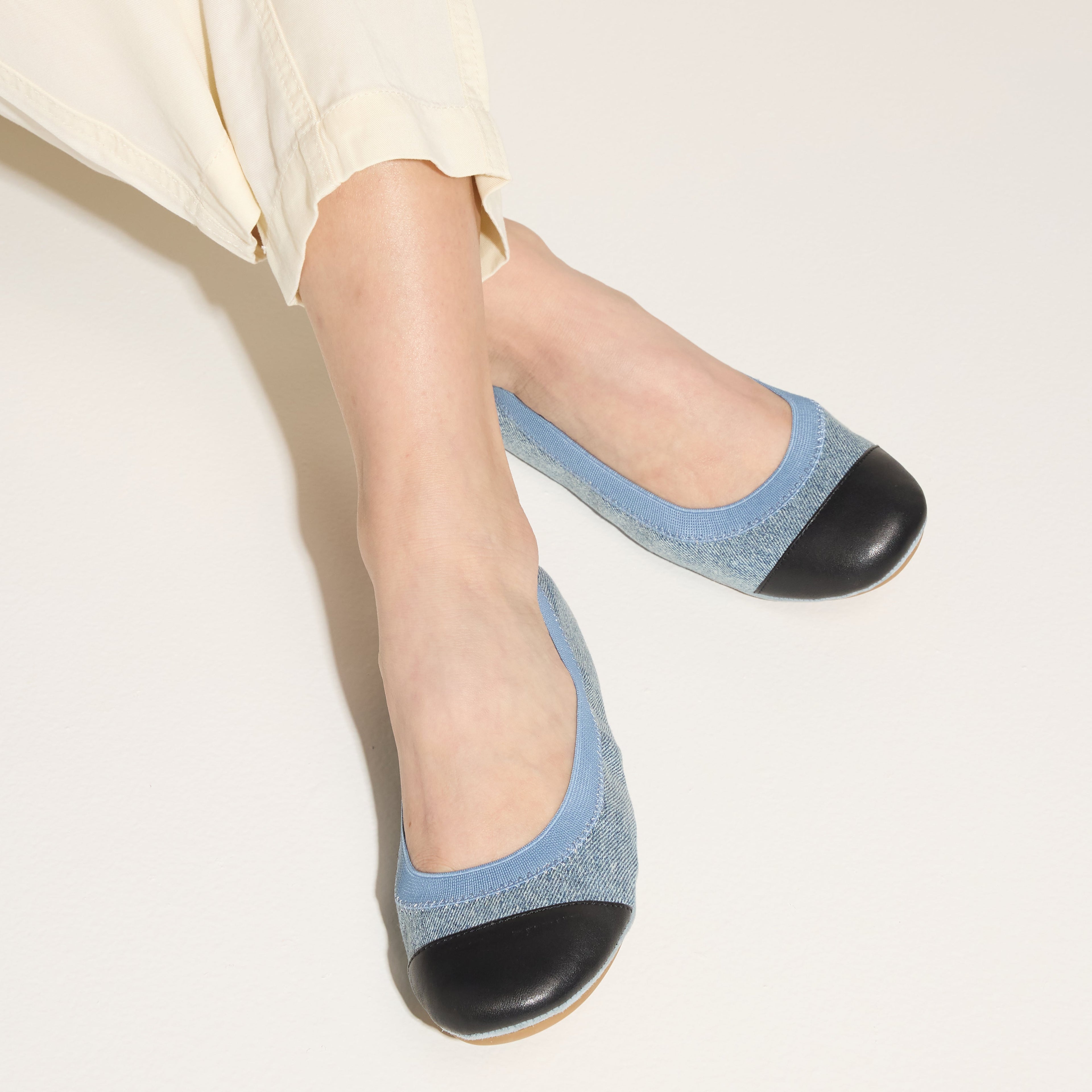 Yosi Samra Denim Black Leather Ballet Flat on foot