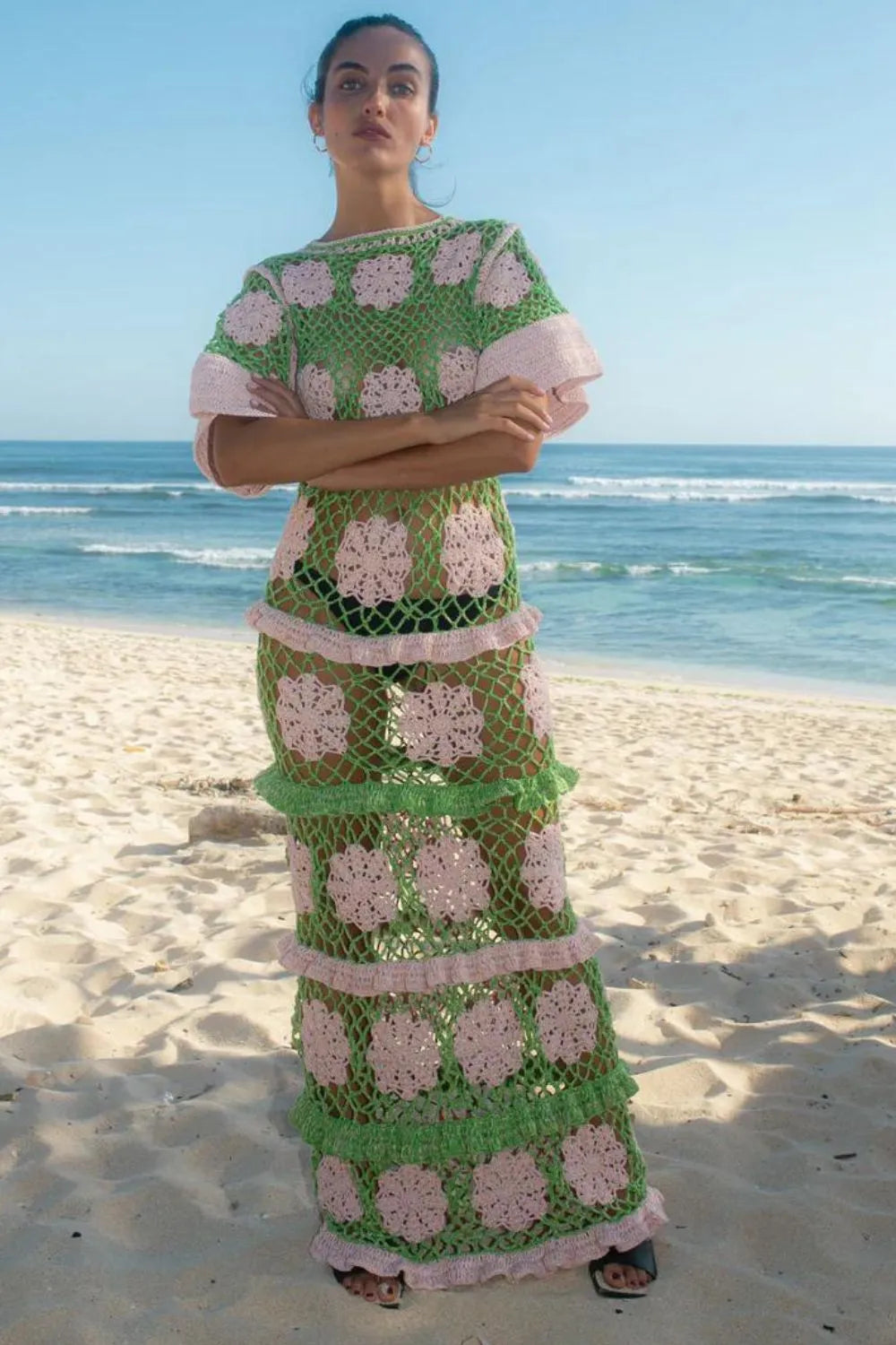 Elle Crochet Dress Green/Pink