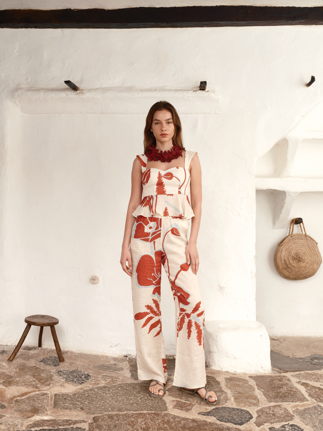 Joao Linen Pants / Ecru - Orange Gladiolos