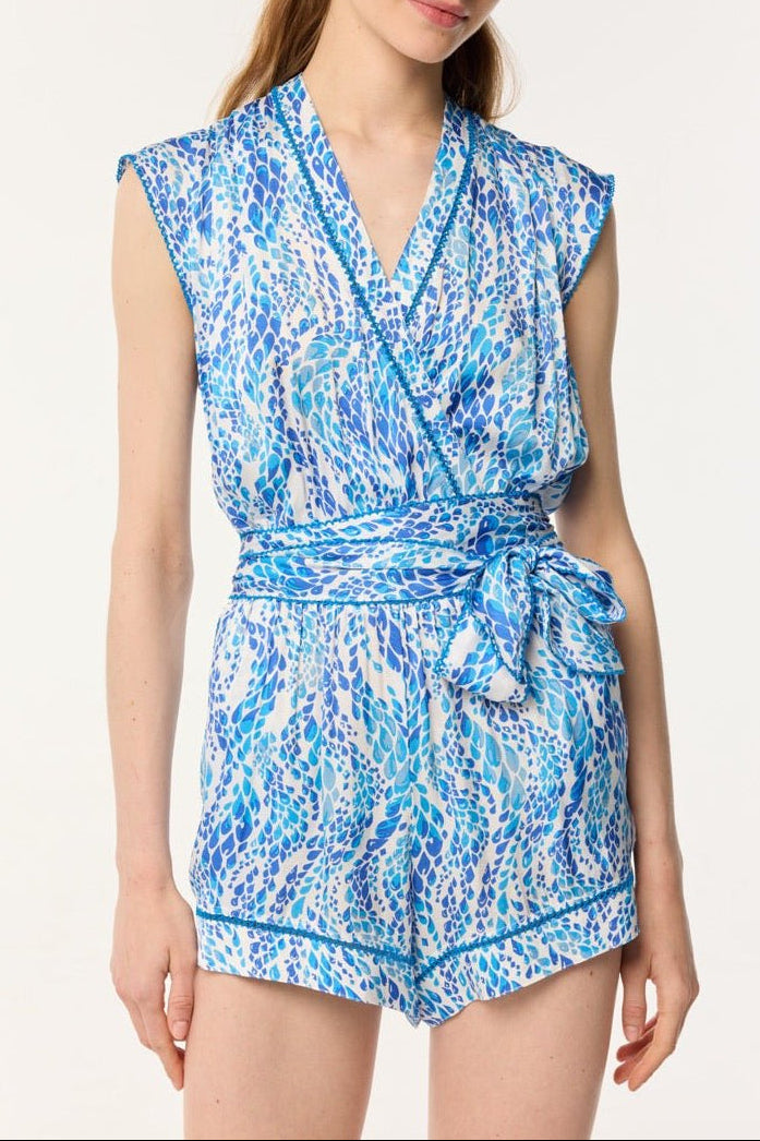 Short Jumpsuit Anaik - Blue Wavy Animalier - Poupette St Barth