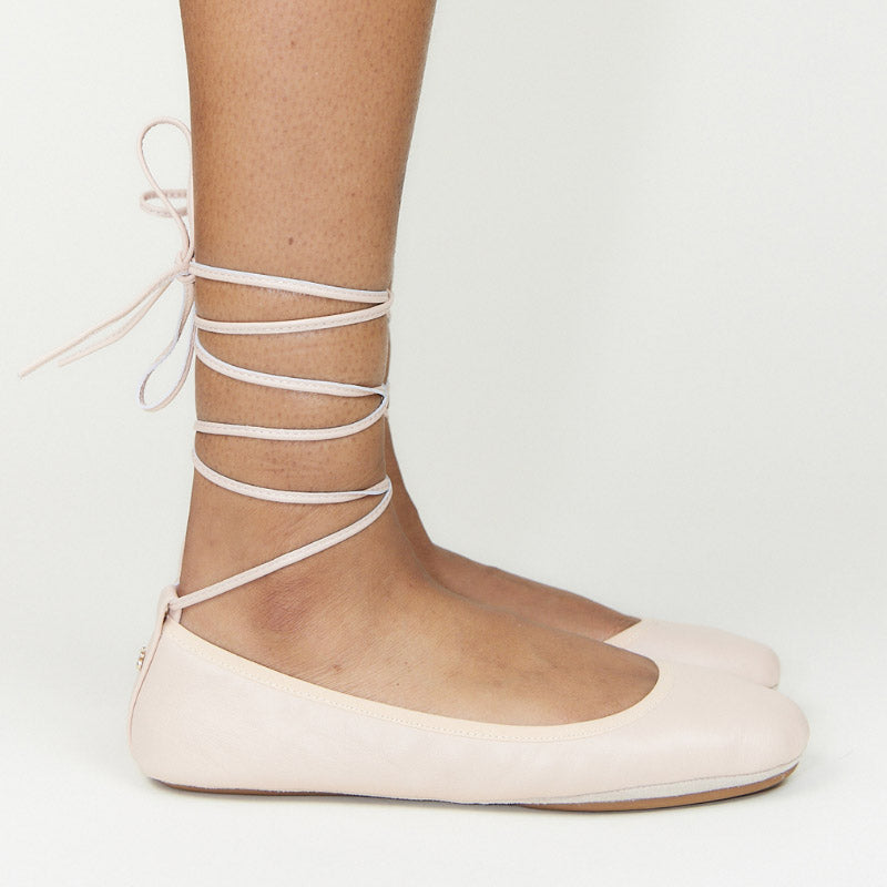 Sofia Ankle Wrap Flats in Blush Leather - Yosi Samra  - Women's Flats