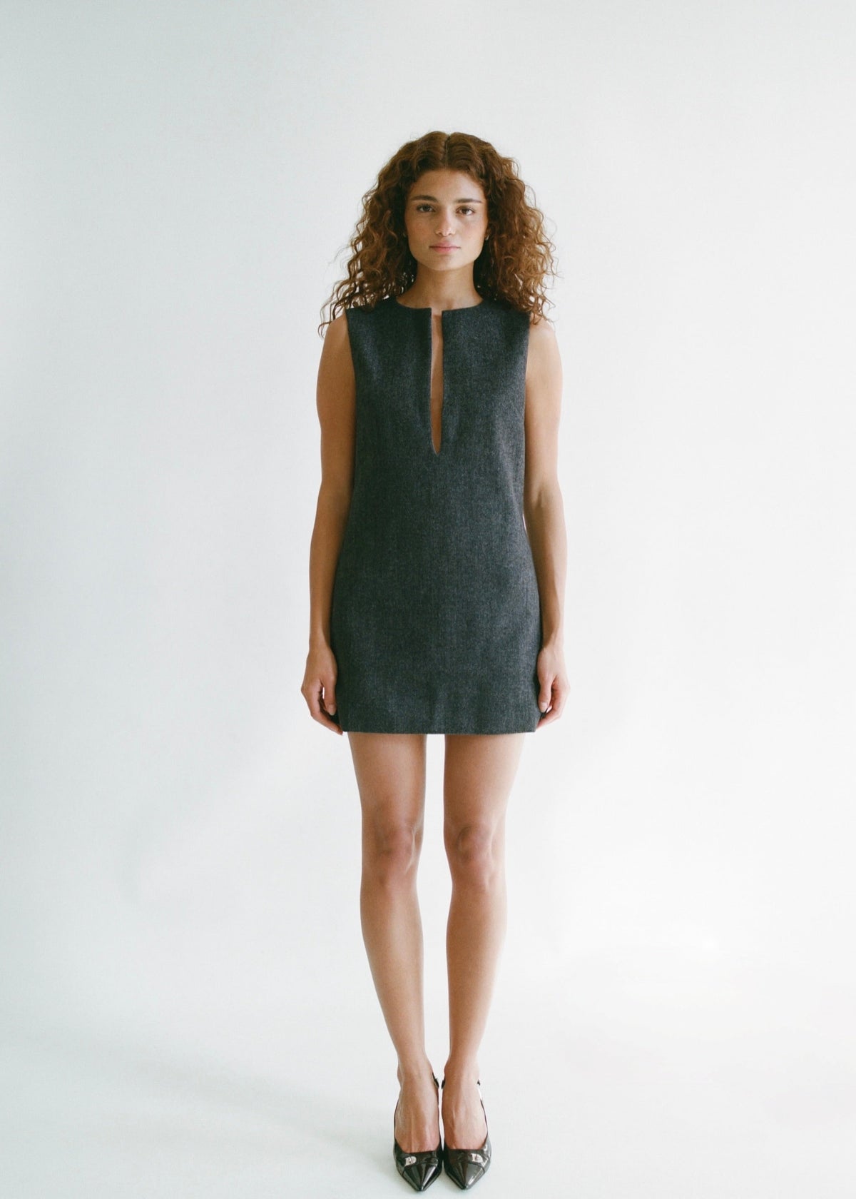Model wearing Sydney Dress in Charcoal — herringbone mini dress, All My Love