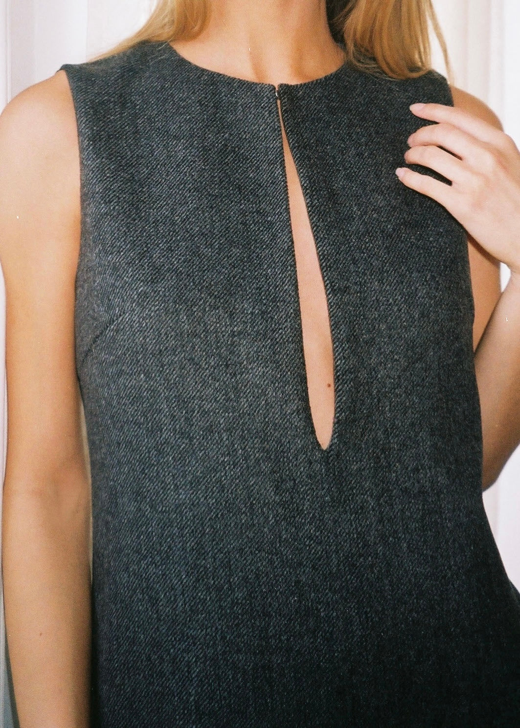 Model wearing Sydney Dress in Charcoal — herringbone mini dress, All My Love