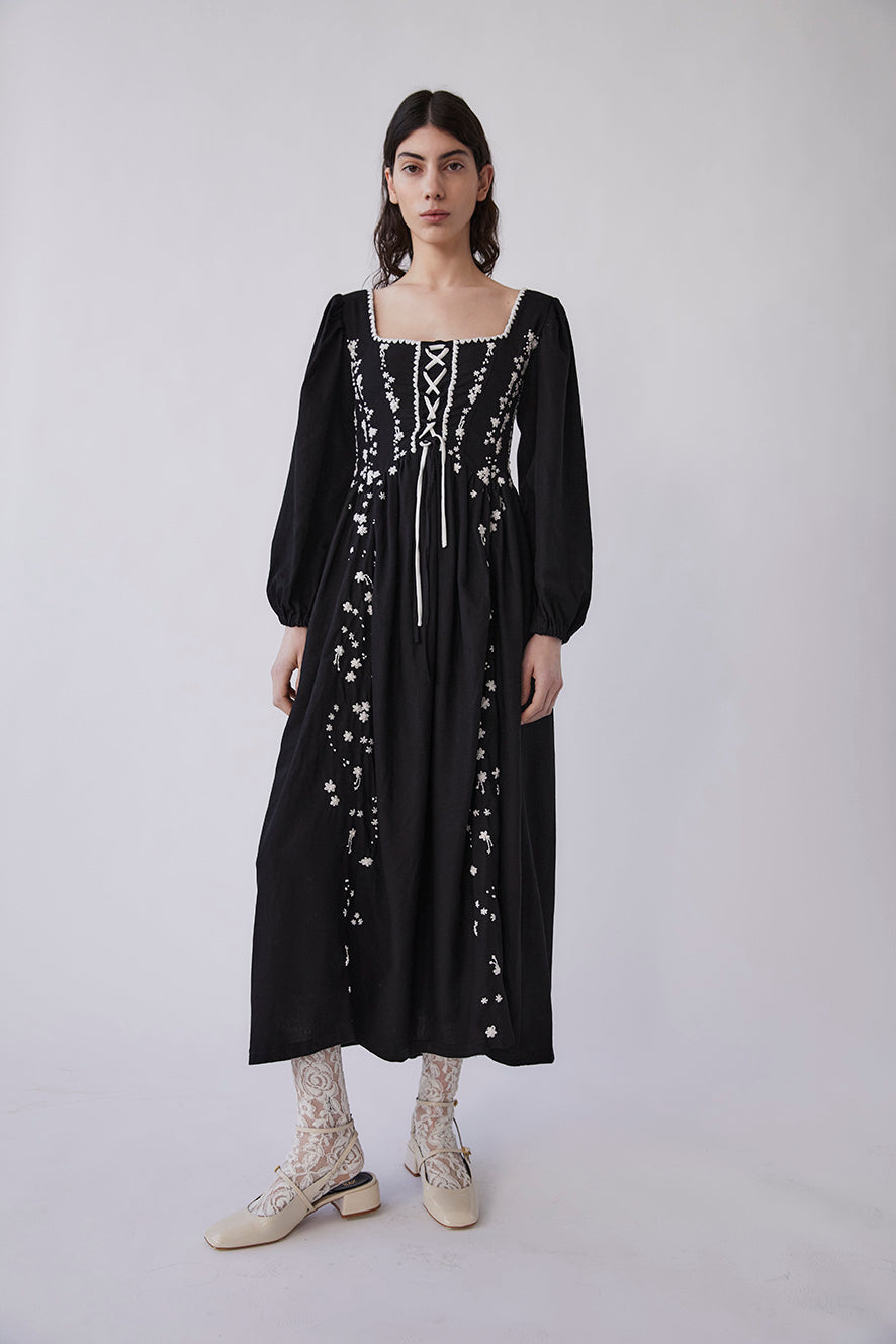 Odila Hand-embroidered Corset Dress | Black