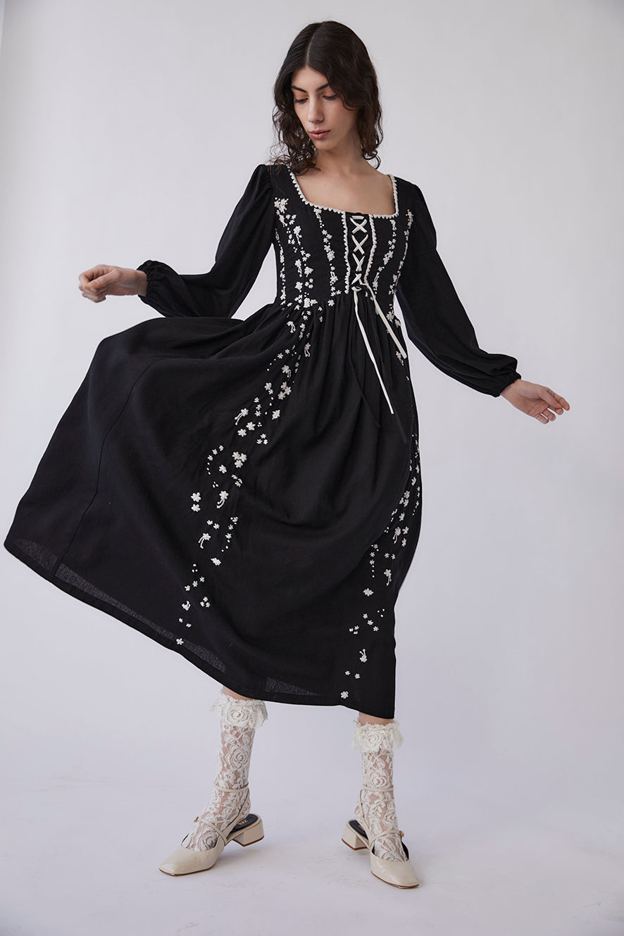 Odila Hand-embroidered Corset Dress | Black