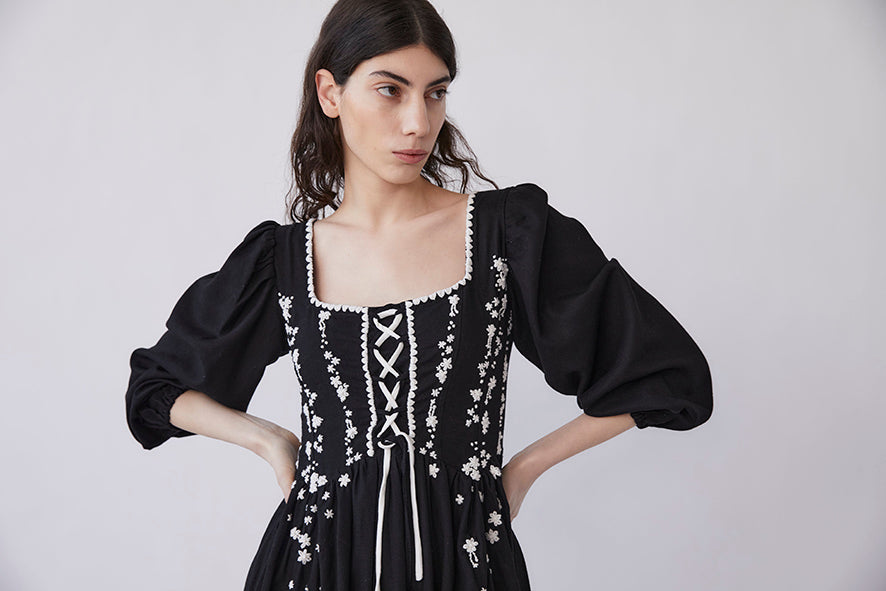 Odila Hand-embroidered Corset Dress | Black