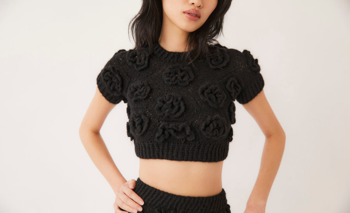 Polina Crochet Knit Floral Top | Black
