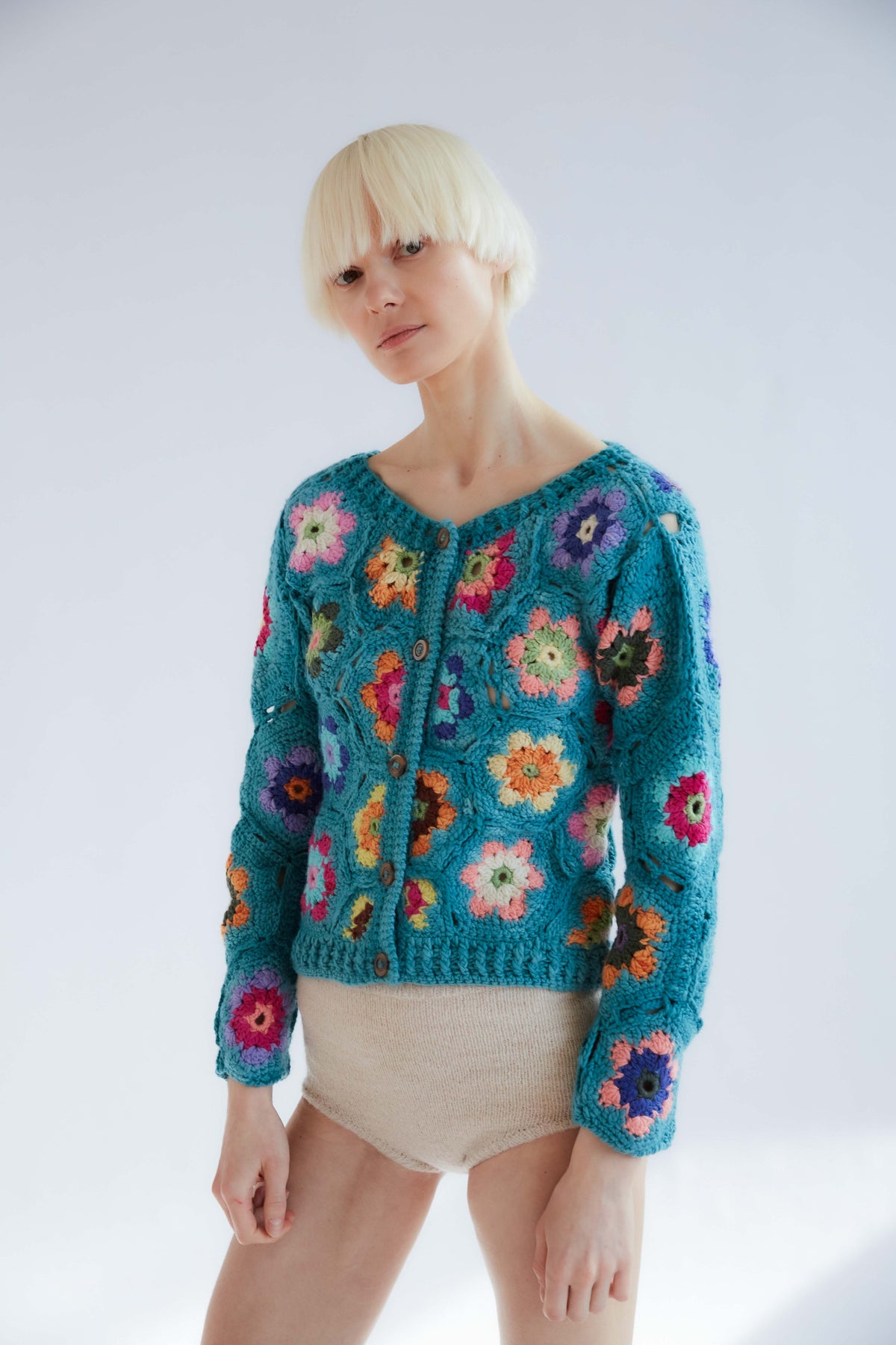 Tabita Crochet Wool Cardigan | Aqua Blue