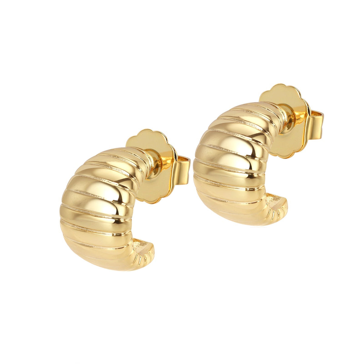 A pair of gold-colored textured curved hoop earrings with a croissant-inspired silhouette.