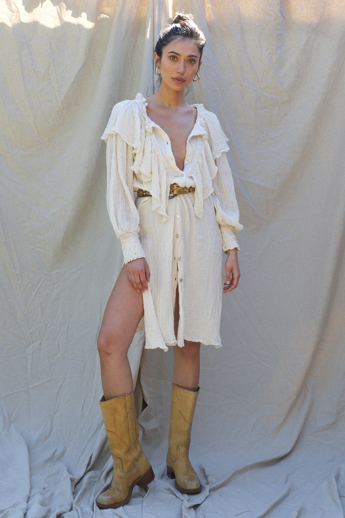 button-up knee length long sleeve dress