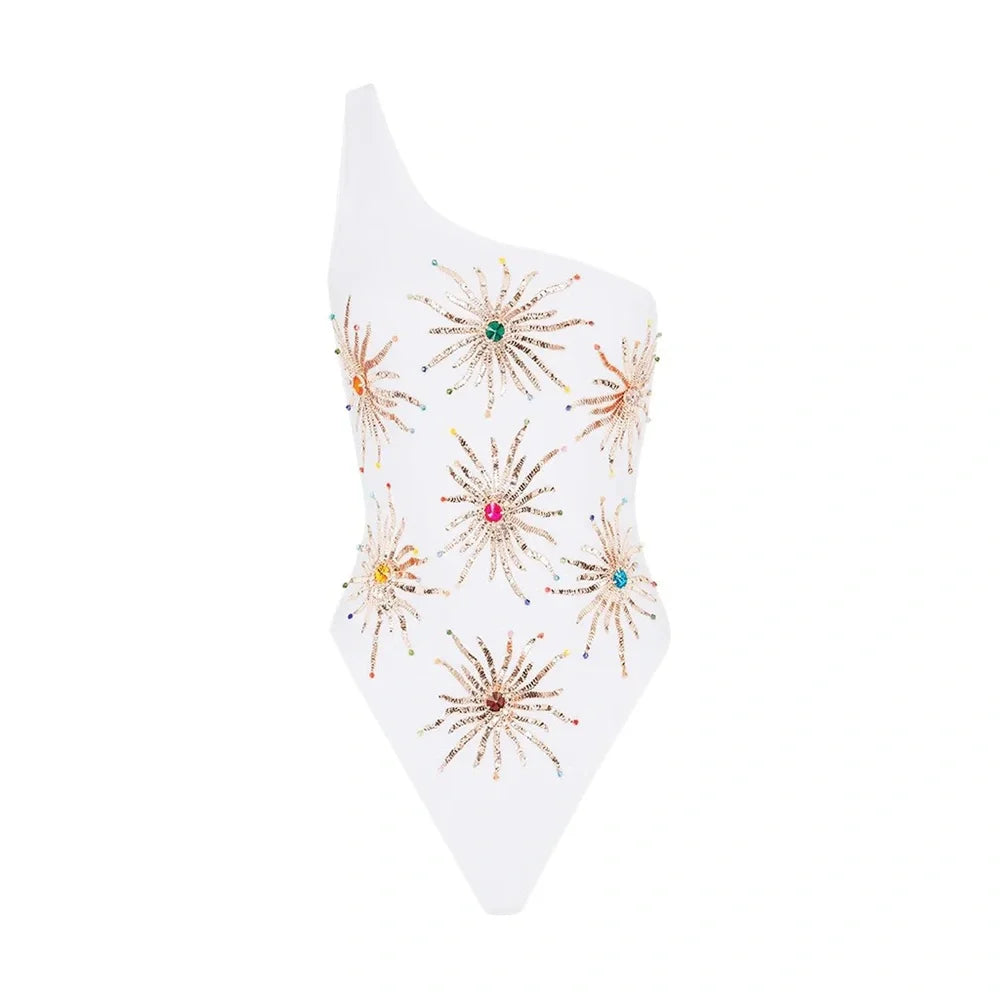 Callie One Shoulder Hand Embroidered Swimsuit White