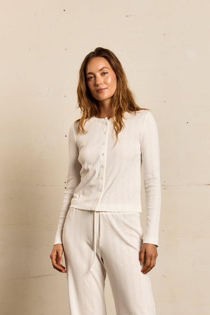 lila pointelle cardigan | white