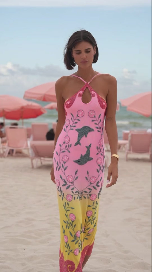 Dolphin Sunset Ombré Hand Beaded Maxi Dress
