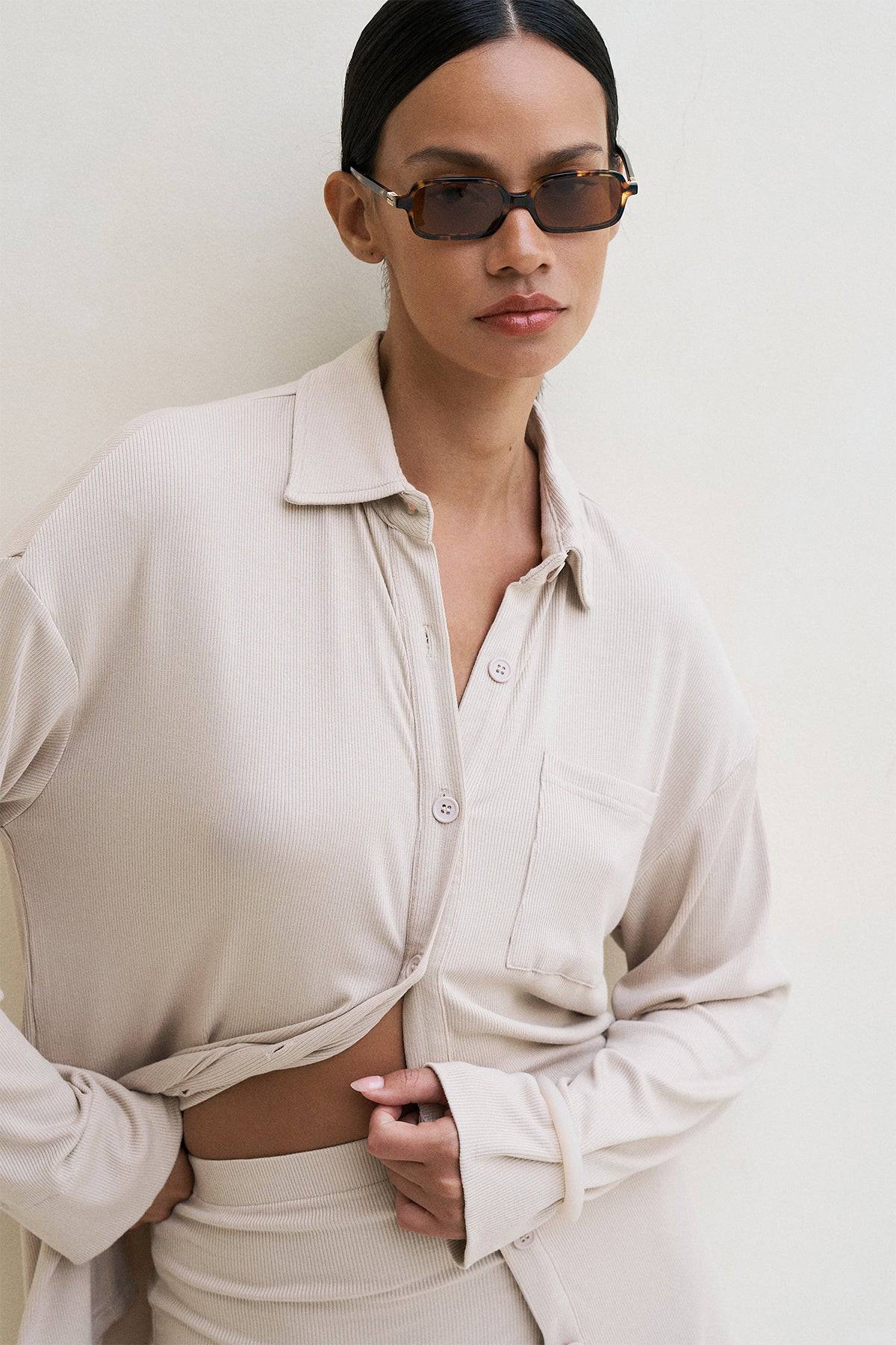 Riot Lounge Camden Button Down coconut-colored soft ribbed top, casual apparel for comfortable everyday wear.