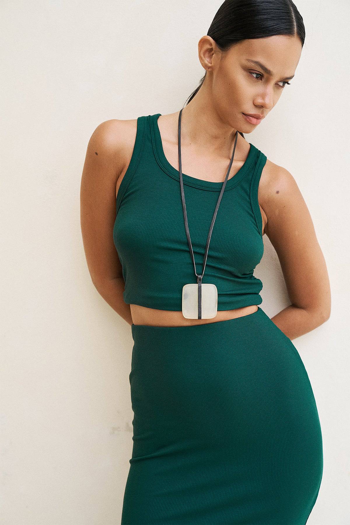 Forest green Riot Lounge Dom Racerback Tank top with soft ribbed fabric, casual and comfortable apparel for everyday wear.