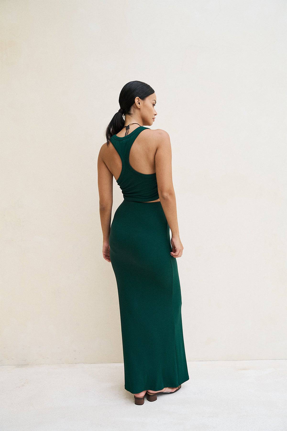 Forest green Riot Lounge Dom Racerback Tank top with soft ribbed fabric, casual sleeveless apparel for comfortable everyday wear.