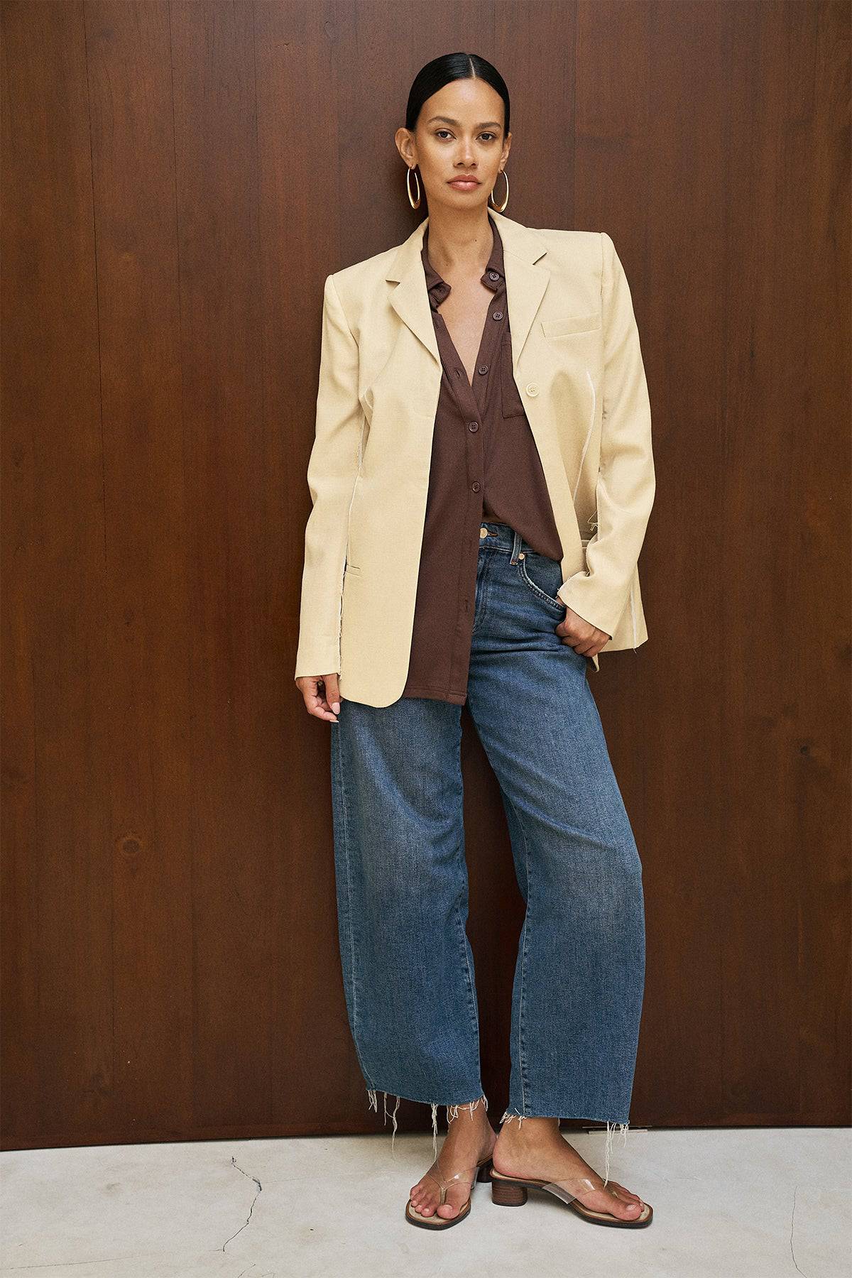 Riot Lounge Camden Button Down shirt in rich chocolate color, soft-ribbed fabric, casual apparel top for comfortable style.