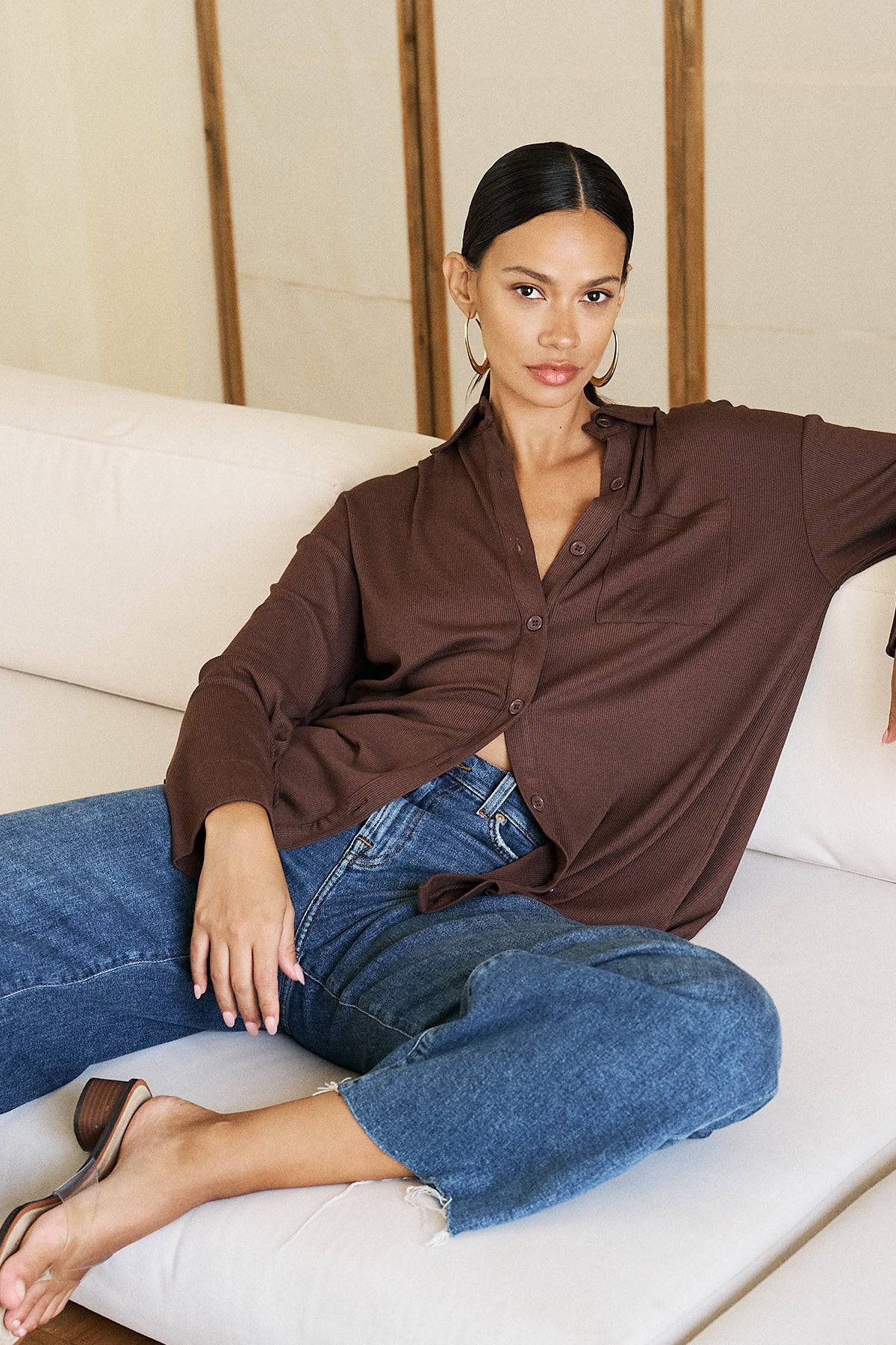 Riot Lounge Camden Chocolate button-down top with soft ribbed fabric, casual apparel for comfortable style.