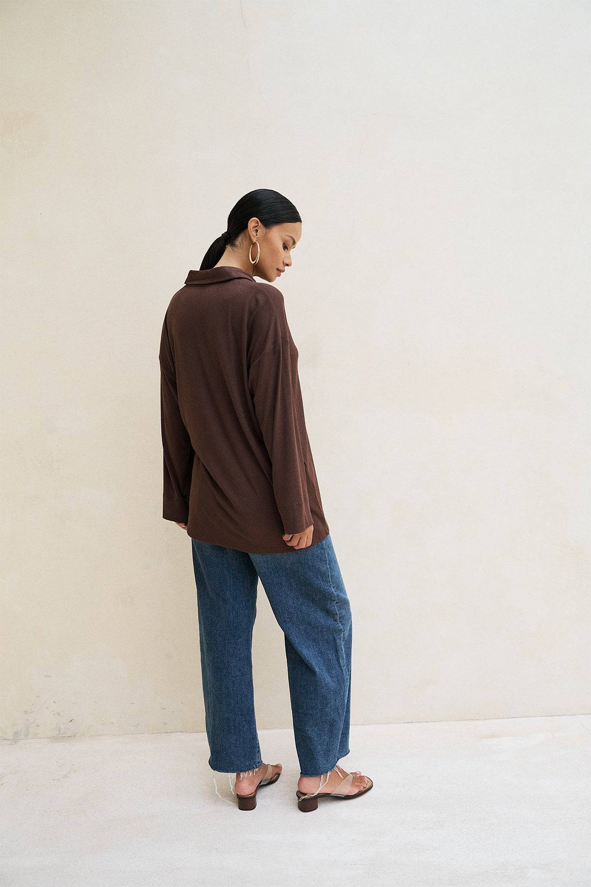 Riot Lounge Camden Chocolate button-down top with soft ribbed fabric, casual apparel for comfortable style.