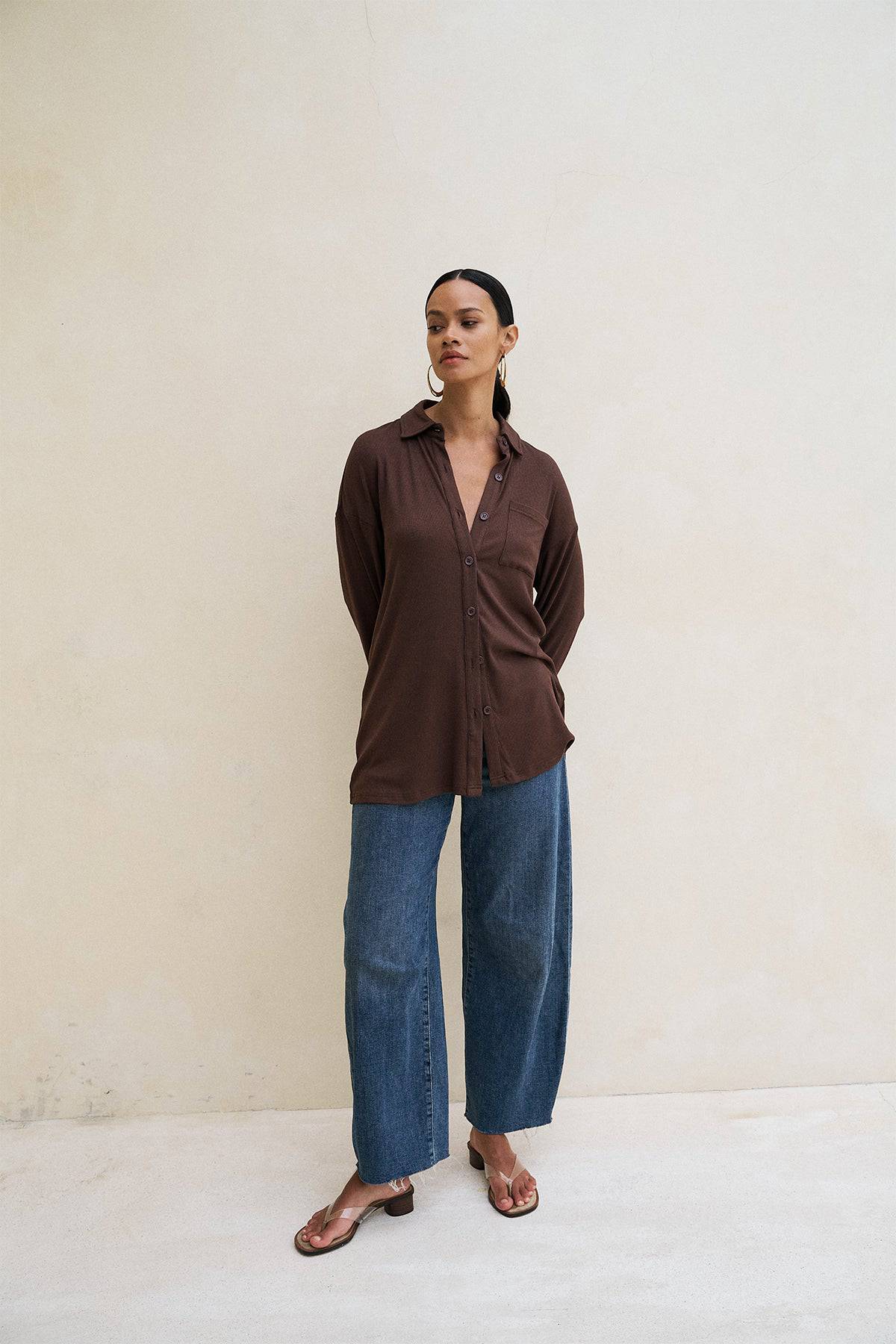 Riot Lounge Camden Button Down top in chocolate, soft ribbed fabric, casual apparel for comfortable everyday wear.