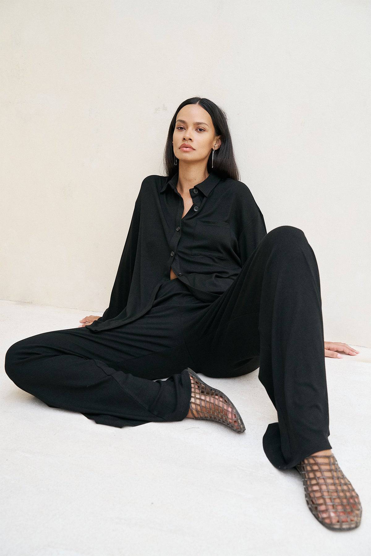 Black Riot Lounge Camden button-down top with soft ribbed fabric, casual stylish apparel for everyday wear.