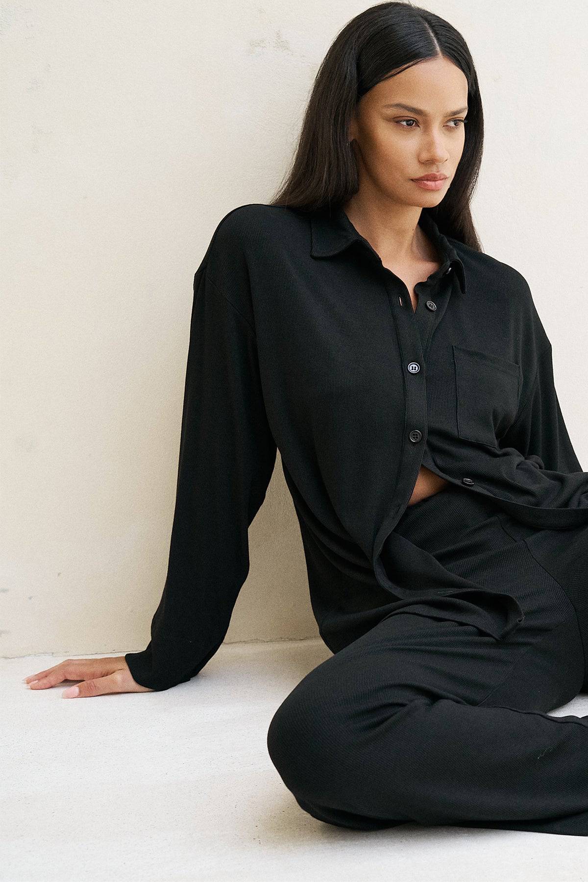 Black Riot Lounge Camden Button Down top with soft ribbed fabric, casual apparel for comfortable style.