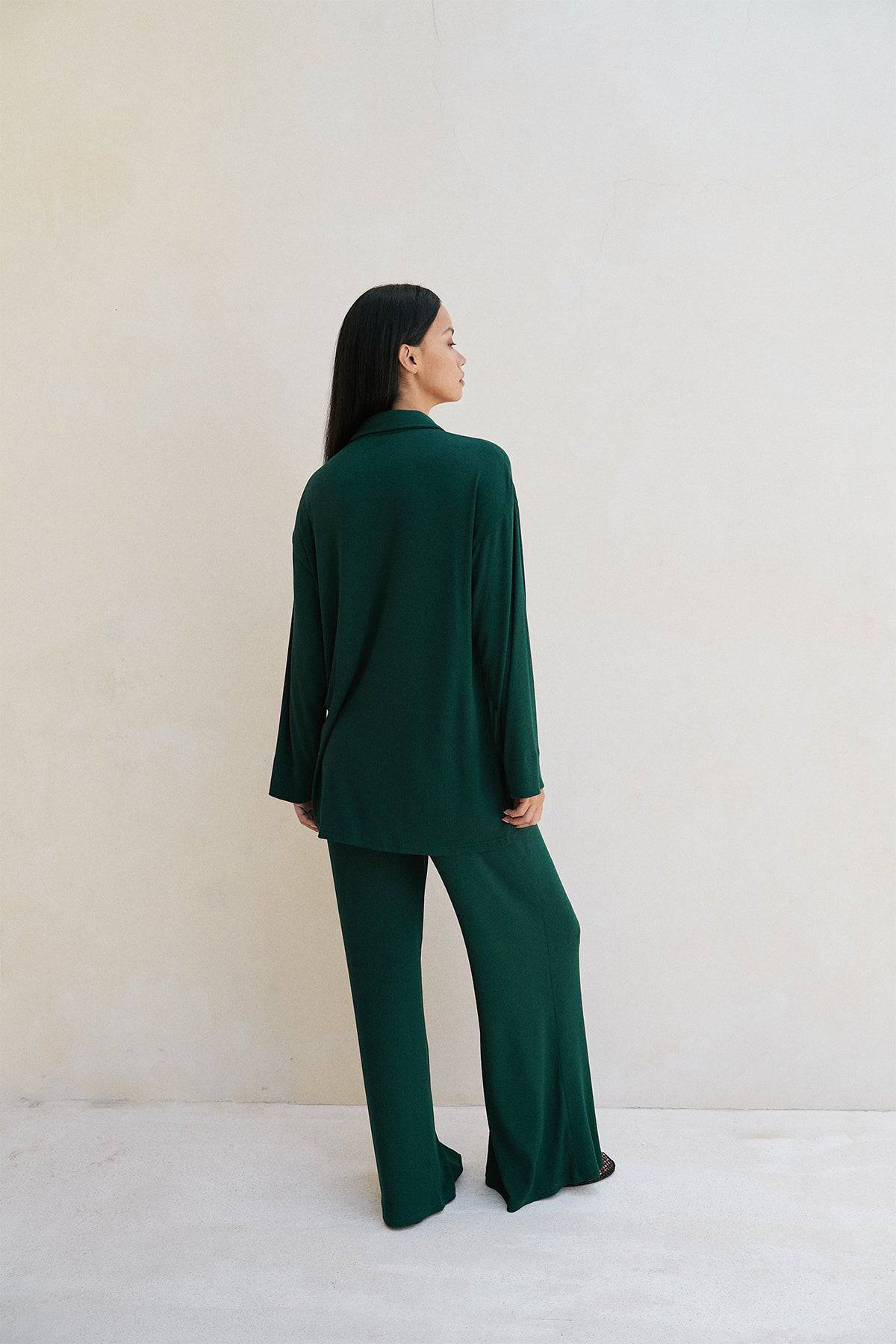 Riot Lounge Camden Button Down shirt in forest green with soft ribbed fabric, casual and comfortable apparel top.