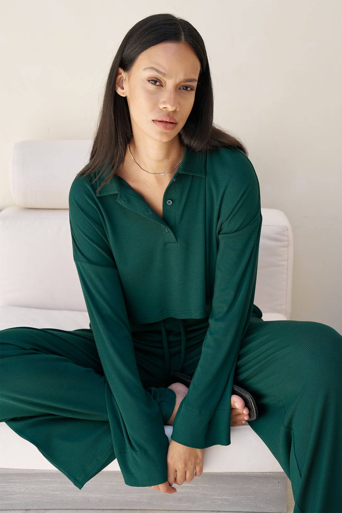 Riot Lounge Rory oversized crop top in forest green with soft ribbed fabric, casual style, and relaxed fit.